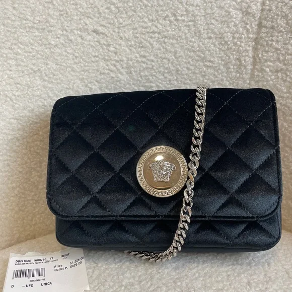 VERSACE Calfskin Nylon Quilted Medusa Chain Crossbody Black - Picture 1 of 8